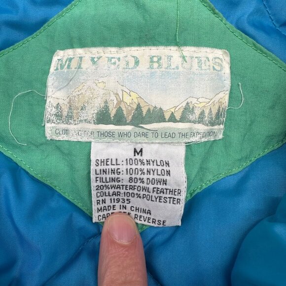 Vintage Green Puffer Coat Jacket Womens Medium 1990s Mixed Blues Nylon Down - Picture 4 of 7